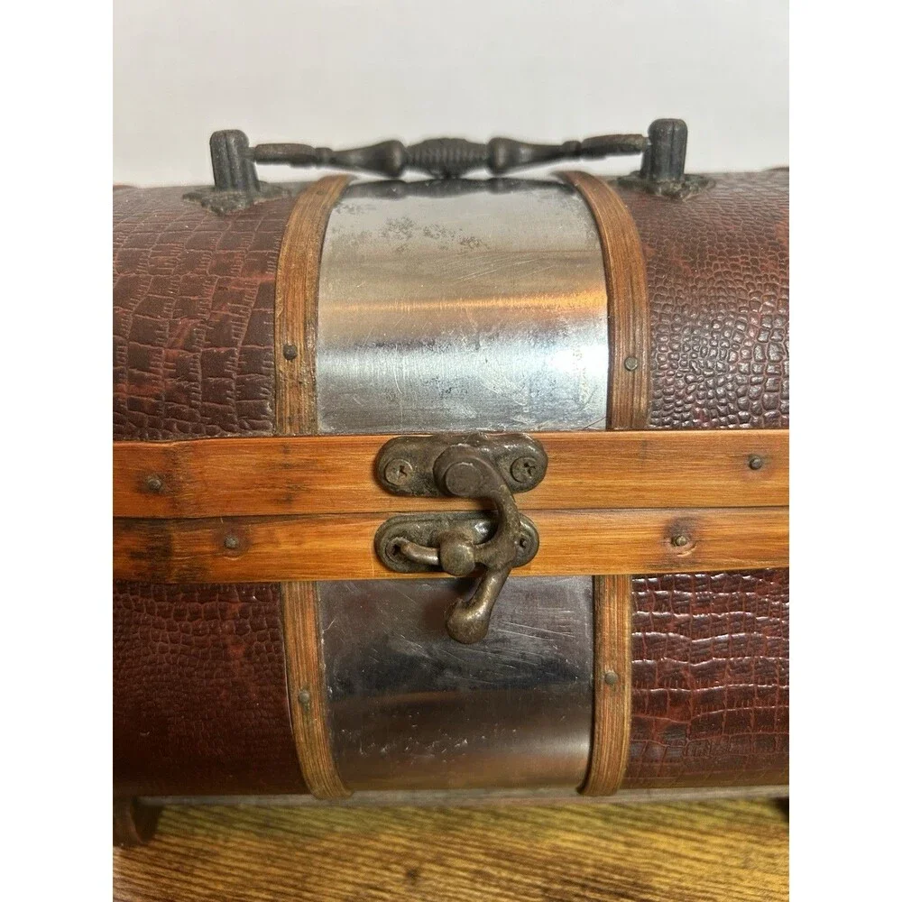 Vintage Treasure Chest Wooden Faux Croc Metal Accent Trinket Box Decorative
